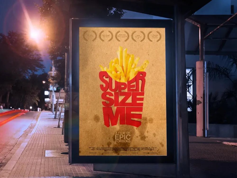 A sidewalk advertisement poster for the movie Super Size Me